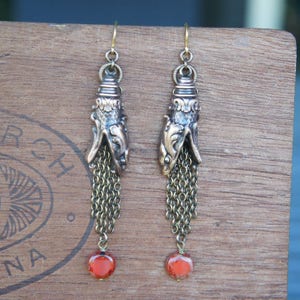 RESERVED FOR C Fierce Serpent Earrings with Chain Tassels and Dragon's Blood Red Bead image 4