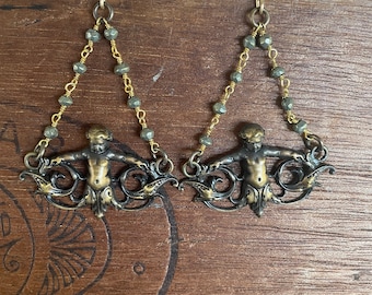 French Brass Earrings with Baroque Cherub and Pyrite Gemstones