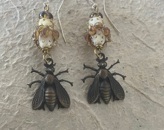 French Brass Earrings With Flies and Artisan Lampwork Glass Beads Yellow Honey Tones