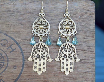 Filigree Chandelier Earrings with Filigree Hamsa Hand and Blue Glass Drops French Brass Antique Vintage Style