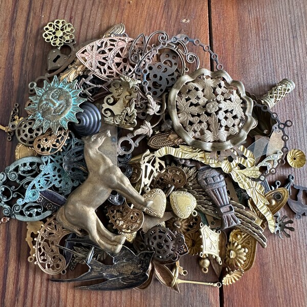 DESTASH Miscellaneous Stamped Brass Components Charms Links Stampings Buckles Old and New Lot 1