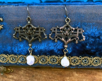 Artisan Handmade Earrings with French Brass Antique Style Ornate Louis XVI Baroque Drops with Pearls