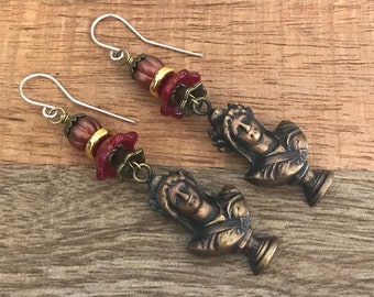 Unique Artisan Earrings with French Brass Classical Goddess Bust Rose Gold and Red