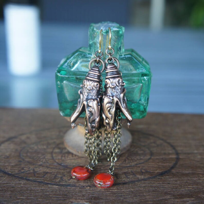 RESERVED FOR C Fierce Serpent Earrings with Chain Tassels and Dragon's Blood Red Bead image 2