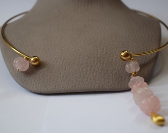 Beautiful Unique Natural Mined Rose Quartz Pumpkin Carved Stone Gold Plated Necklace Choker with Vermeil Elements