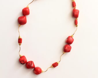 Natural Red Round Coral Necklace with Goldfield Pieces, Length: 45cm (17.7")