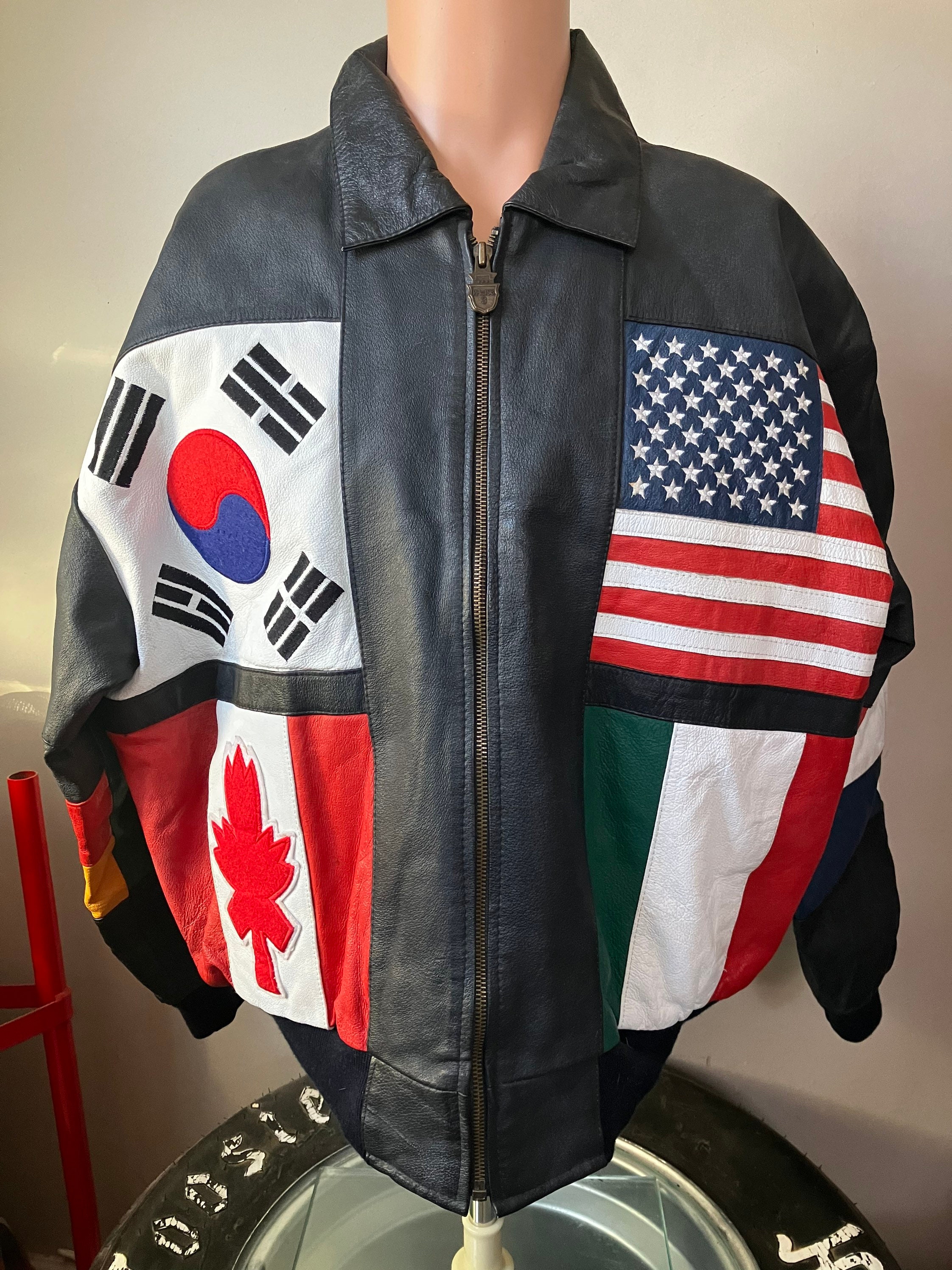 Vintage Phase 3 International Flags Leather Jacket L 90's - Etsy