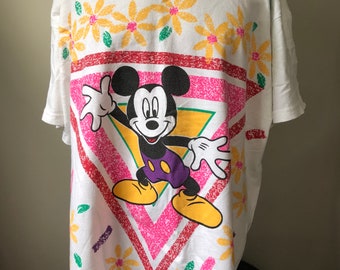 Disney Mickey Mouse Floral Full Print T-Shirt 90’s