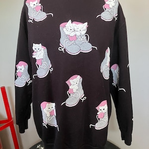 Vintage Kittens & Boots All Over Puff Print Crewneck Sweatshirt L 90’s