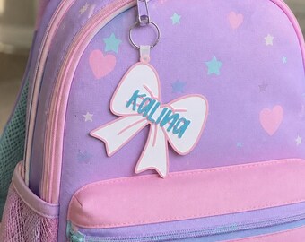 Personalized Bow Backpack Keychain, Girly Bow Name Tag, Custom Name Bag Charm, Bag Tag, Kids Backpack Tag, Kids lunchbox name charm