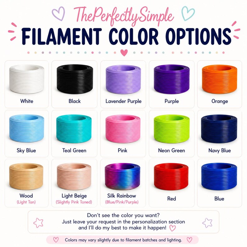 Puede incluir: Una carta de colores muestra varias opciones de color de filamento, incluyendo blanco, negro, lavanda, morado, naranja, azul cielo, verde turquesa, rosa, verde ne&oacute;n, azul marino, madera, beige claro, arco&iacute;ris de seda, rojo y azul. El texto dice "OPCIONES DE COLOR DE FILAMENTO."