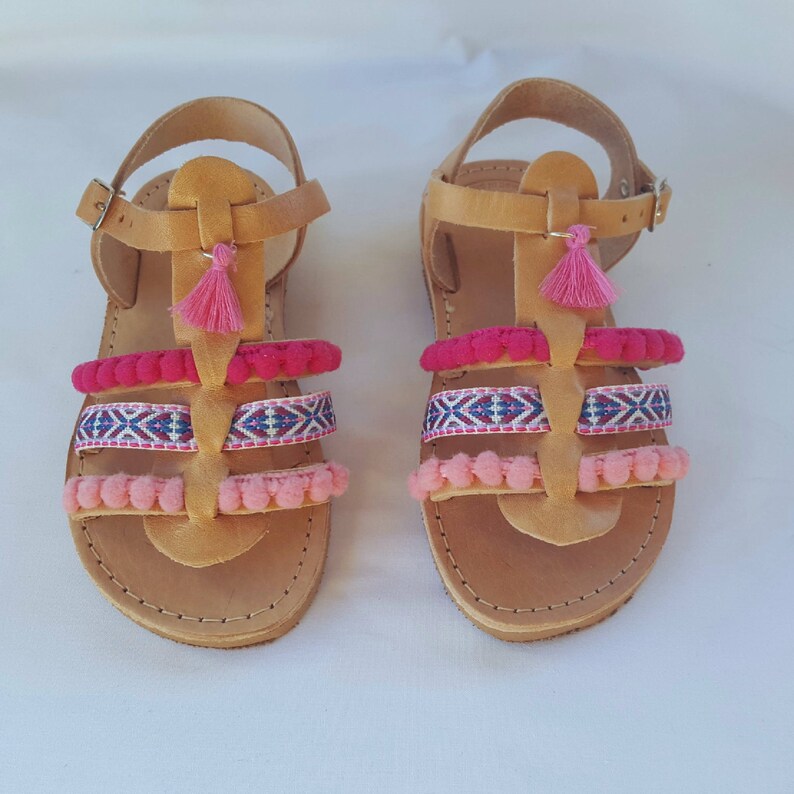 Leather Sandals Greek Sandals Pompom Sandals Baby sandals Boho Gladiator Sandals Kids Sandals