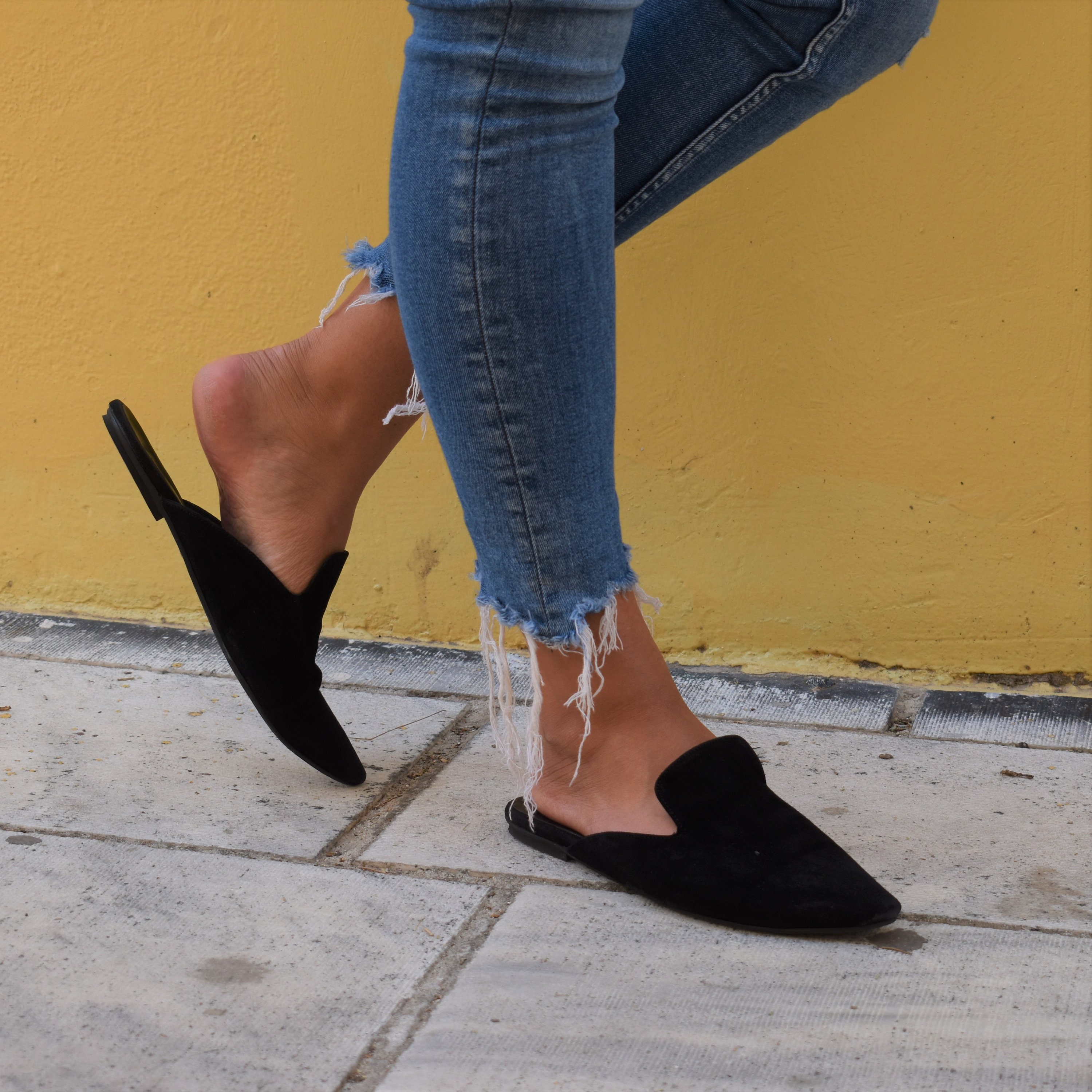 Black Mules Suede Leather Mules Pointed Toe Flats Black - Etsy Canada