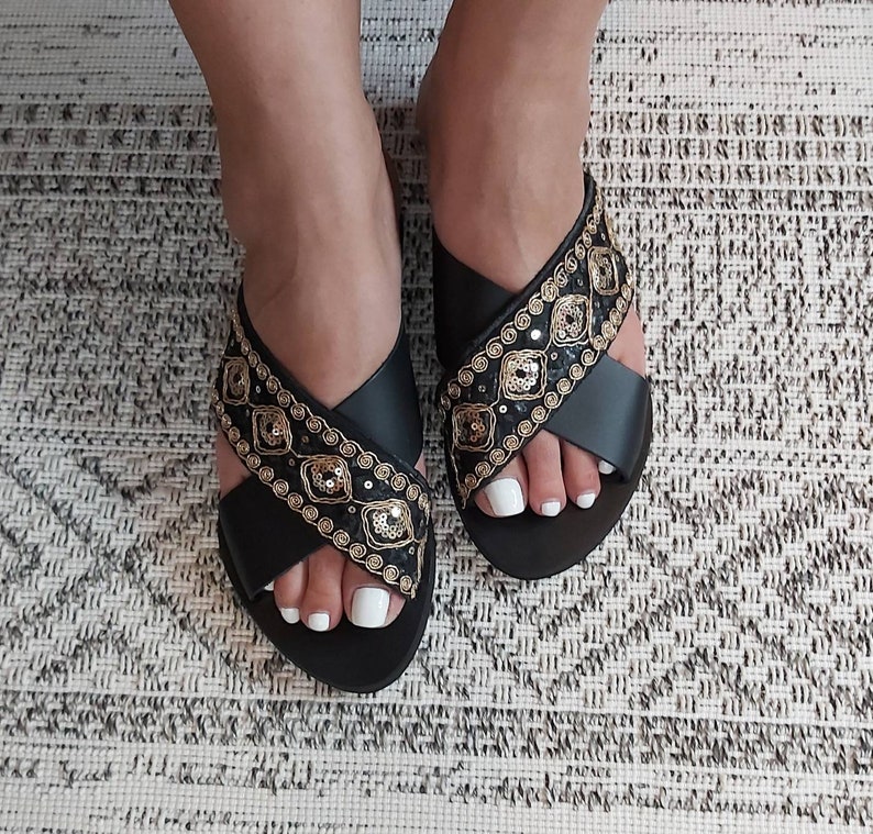 Summer Sandals Handmade Sandals Black Sandals Boho Chic Sandals Flat Slide Greek Sandals Luxury Sandals Criss Cross Leather Sandals