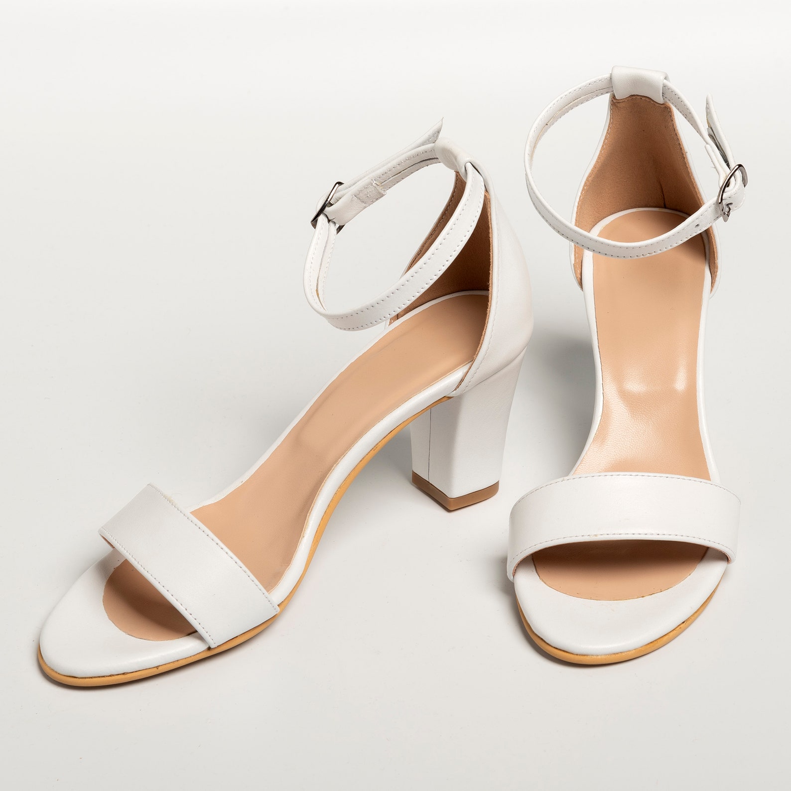 Block heel white leather White low heels Wedding sandals | Etsy