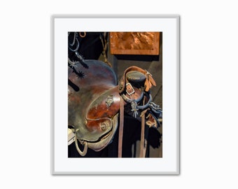 Inspiring Equestrian Wall Art: Vibrant Horse Saddle Photo, Instant Download, Stylish Leather