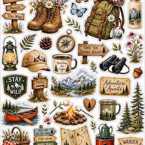 May include: A collection of illustrated stickers with a camping and hiking theme. Includes boots with flowers, a backpack, compass, binoculars, a campfire, and signs that say "Adventure Awaits" and "Take the Scenic Route."
