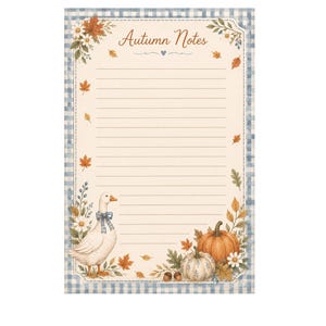 May include: A rectangular notepad sheet with horizontal lines and the text Autumn Notes at the top. The border features a blue and white gingham pattern. Illustrations include a white goose with a blue bow, pumpkins, and autumn leaves.
