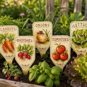 Könnte beinhalten: Fünf Gartenstecker im Vintage-Stil mit Illustrationen von Karotten, Radieschen, Zwiebeln, Tomaten und Salat. Jeder Stecker trägt den Namen des Gemüses. Die Stecker sind in einem Gartenbeet mit sichtbaren Pflanzen platziert.