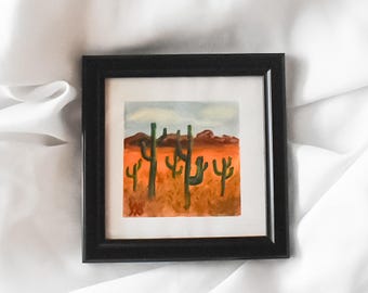 Framed Desert Landscape Gouache Painting: Small Original Art