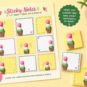 Può includere: Foglietti adesivi gialli con illustrazioni di coni gelato. Ogni nota misura 5,08 cm x 5,08 cm e ha uno spazio vuoto per scrivere. Il testo recita "Sticky Notes" e "Print, Cut & Stick!" con testo aggiuntivo: "Print, Cut, & Create Your Own Sticky Notepads at Home!"