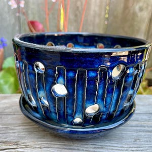 Hand carved ceramic orchid pot with saucer - Midnight blue glaze - Carved and pierced