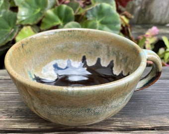 Handcrafted porcelain 15-ounce soup mug - Melting earth and bluish tones over blackish brown - Perfect for comforting and nurturing soup!