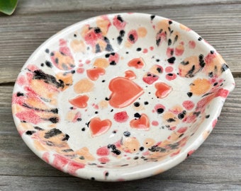 Ceramic hearts spoon rest - Hand drawn and glazed coral hearts in a sea of compatible springy colors - A gift of love and gratitude for HER!