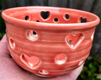 Romantic &quot;hearts and circles&quot; luminary - Coral color ceramic candleholder - Hand-pierced and carved - Meticulously handcrafted - Sweet gift