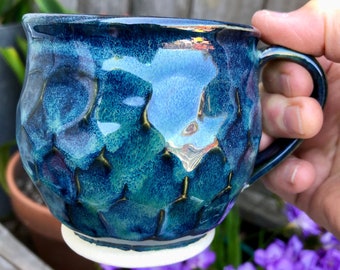 Ceramic peacock blue green coffee or tea mug - Mesmerizing melting blue and green mug - Faceted, footed and lovely! Gift for Mom!