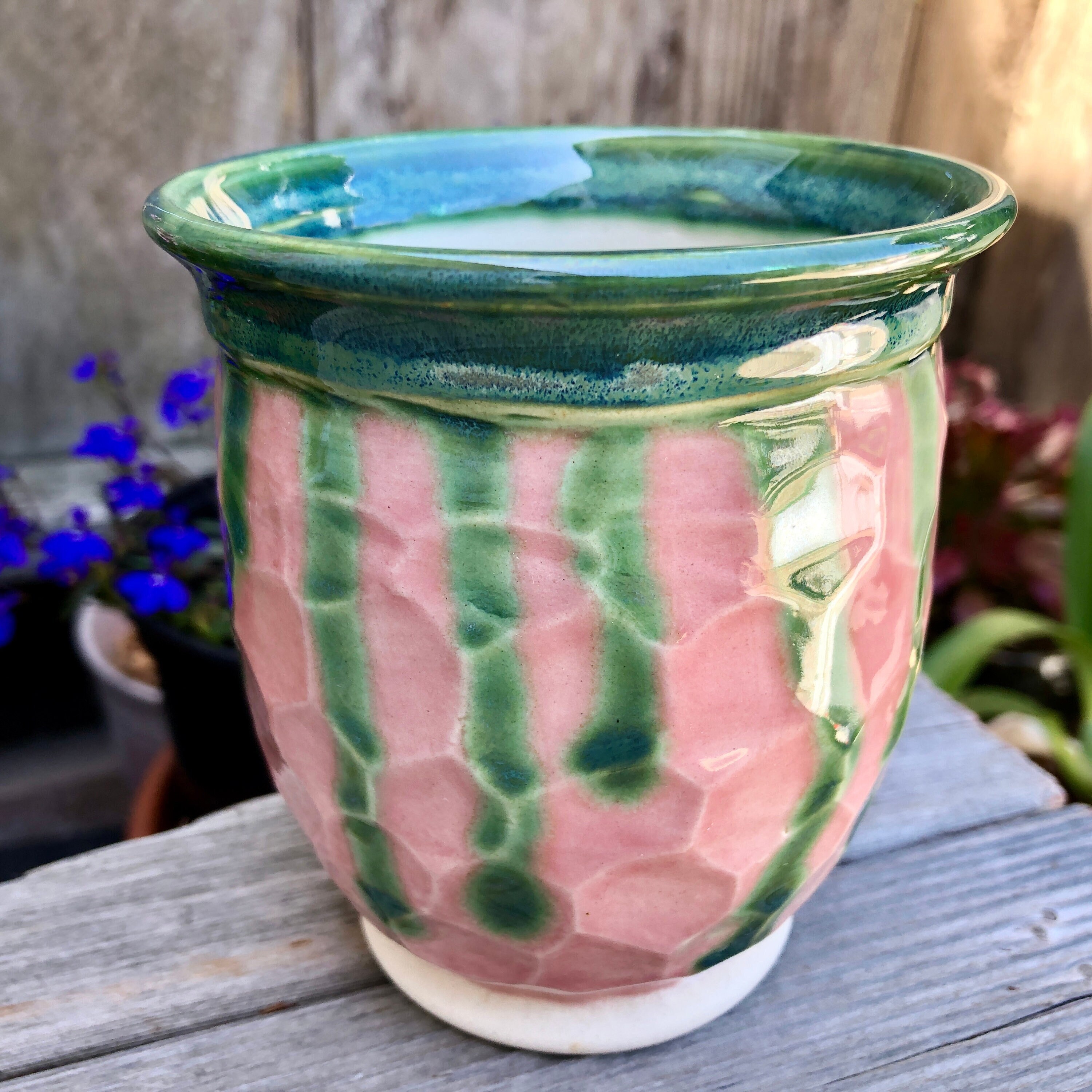 Beautiful medium size vase - Multipurpose vessel - Lovely glaze combo, shades of green over pink - Handcrafted, faceted, footed vessel