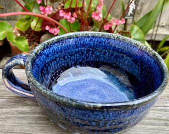 Porcelain cobalt blue melting over lavender soup mug - Faceted and footed, and comfy handle - Holds 15 ounces comforting soup - Nice gift!