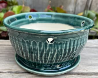 Peut inclure: Un pot en céramique vert sarcelle avec des trous de drainage et une soucoupe assortie. Le pot a un motif texturé vertical.