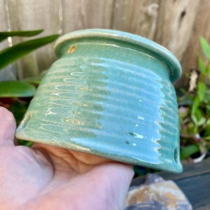 May include: A teal green ceramic planter with a textured, ribbed surface. The planter has drainage holes on the bottom.