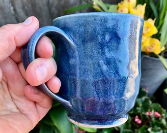 Ceramic coffee or tea footed mug, handcrafted pottery, faceted mug, ocean blue with hints of green mug, coffee or tea mug, gift for Dad