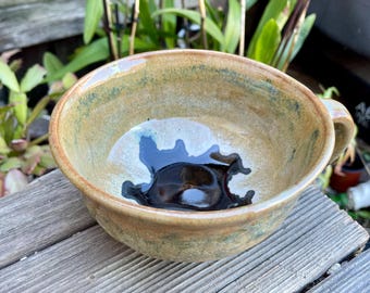 Handcrafted soup or latte mug - Double glazed, melting earth and bluish tones over blackish brown - Intriguing pattern - Thoughtful gift!