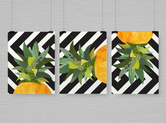 Pineapple Decor Set Of 3 Fruit Prints Kitchen Decor Wall Art Fruit Housewarming Gift For Her Kitchen Art Prints Pineapple Graphic Art