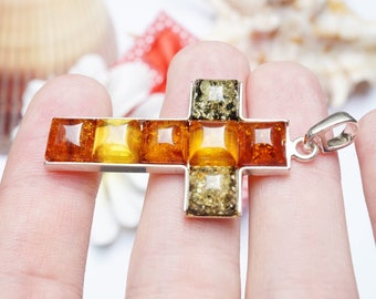 Sterling Silver Amber Cross, Amber Cross, Multicolour Amber Cross, Amber Pendant, Multicolour Amber Pendant, Baltic Amber Cross, Amber Gift