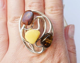 Large Amber Ring, Multicolour Amber Ring, Adjustable Amber Ring, Natural Amber Ring, Oversized Amber Ring, Amber Jewellery, Gemstone Ring