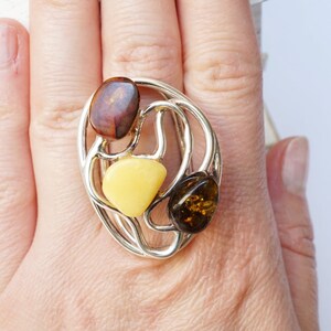 Large Amber Ring, Multicolour Amber Ring, Adjustable Amber Ring, Natural Amber Ring, Oversized Amber Ring, Amber Jewellery, Gemstone Ring