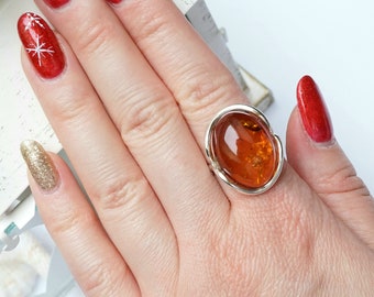 Adjustable Baltic Amber Ring, Sterling Silver, Handmade