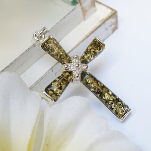 Baltic Amber Cross, Amber Silver Cross, Green Amber Cross, Green Amber Pendant, Natural Amber Cross Pendant, Amber Cross, Amber Jewellery