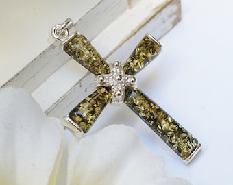 Baltic Amber Cross, Amber Silver Cross, Green Amber Cross, Green Amber Pendant, Natural Amber Cross Pendant, Amber Cross, Amber Jewellery
