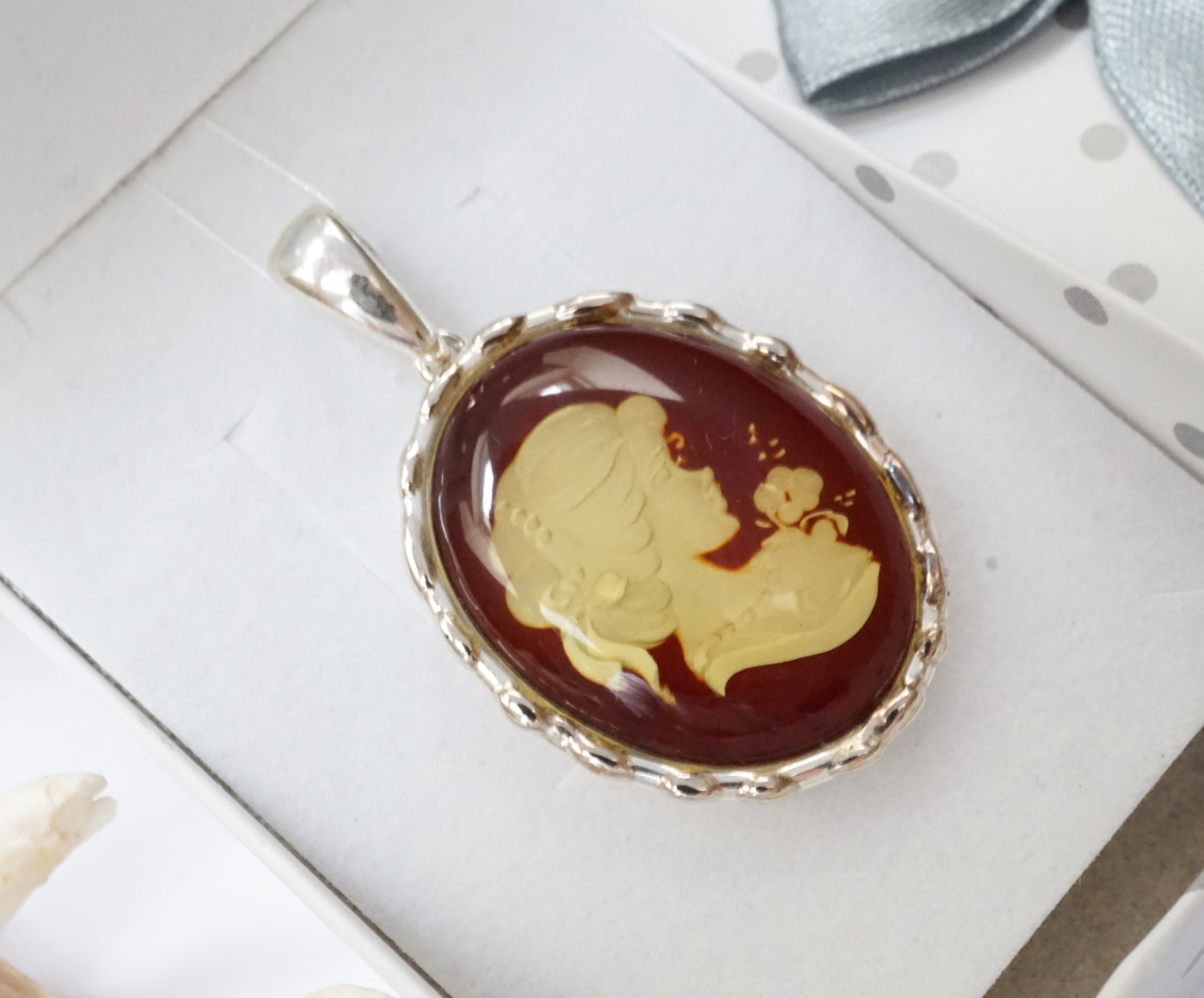 Hand Carved Came Pendant, Baltic Stone Sterling Silver Cameo Pedant, Unique Stone Jewelry, Big Handmade Pendant, Valentines Gift For Wife