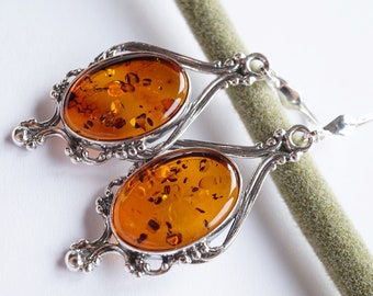 Vintage Baltic Amber Earrings, 925 Sterling Silver Dangle Earrings