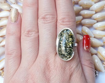 Green Baltic Amber Ring, Sterling Silver Adjustable Band
