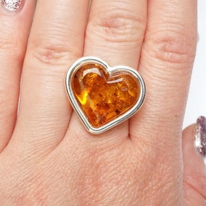 Love Amber Ring, Rare Amber Ring, Handmade Heart Amber Ring, Adjustable Amber Ring, Statement Ring, Heart Amber Ring, Coctail Amber Ring