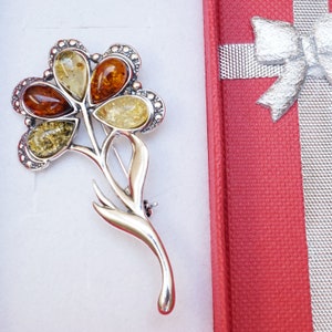 Multicolor Amber And Sterling Silver Flower Brooch, Flower Brooch, Flower Amber Brooch, Amber Brooch, Real Amber, Floral Amber Brooch, Pin