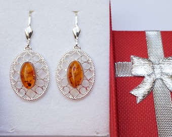 Handmade Amber Earrings, Elegant Drop Earrings, Filigree Amber Earrings, Baltic Amber Earrings, Golden Amber Earrings, Amber Jewellery
