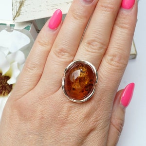 Cognac Amber Ring, Natural Baltic Amber Ring, Adjustable Amber Ring, Amber Silver Ring, Classic Amber Ring, Amber Ring, Amber Jewellery